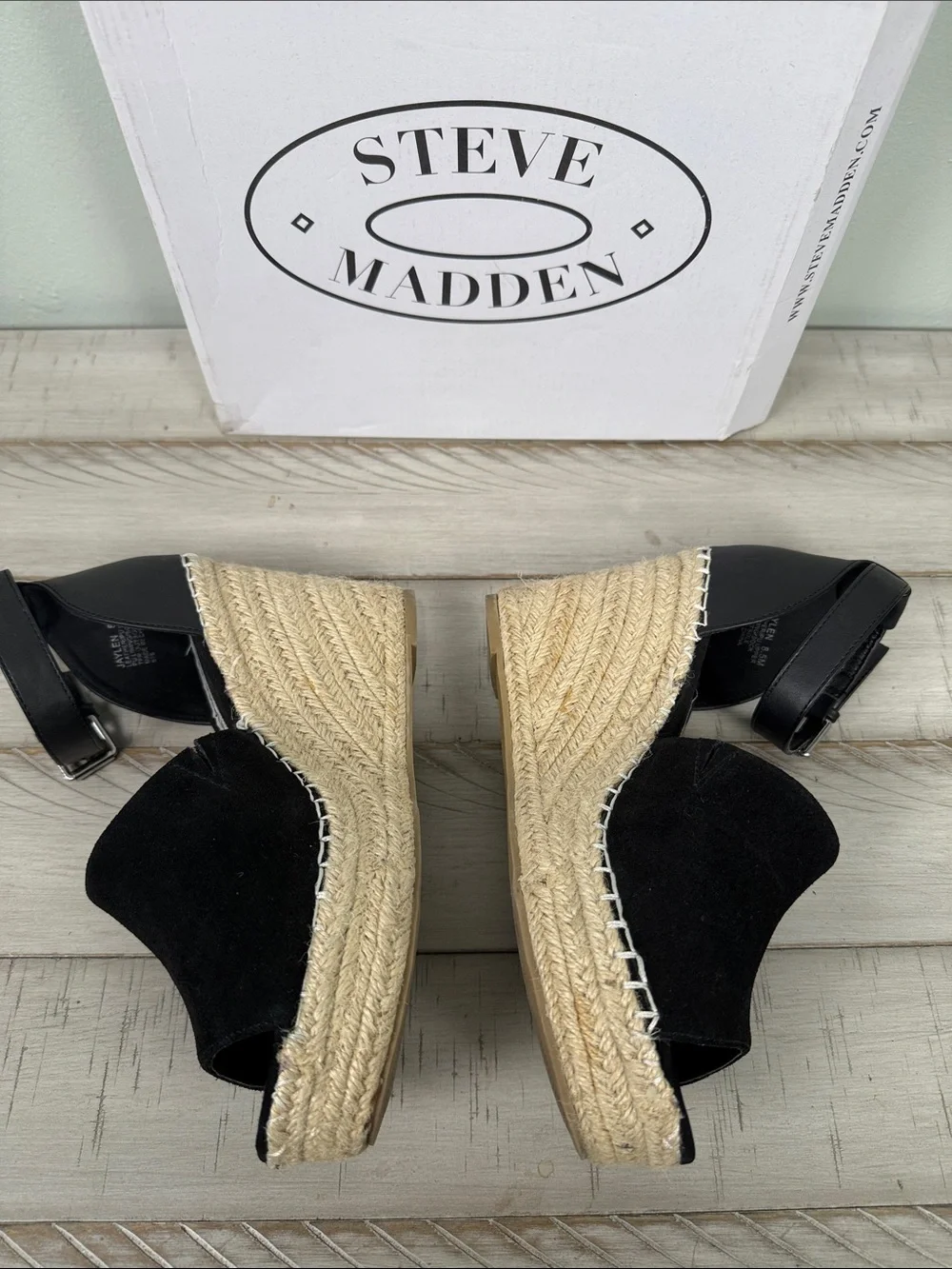 Steve Madden Gorgeous Black Espadrille Wedge Sandals with Ankle Straps Size 8.5